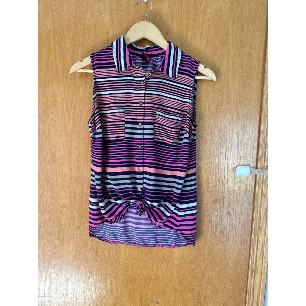 Merona Womens Pink Purple Striped Sleeveless Tie Front Button Down‎ Shirt Size M